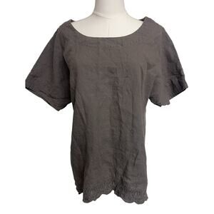 Women’s Gray 100% Linen Short Sleeve Top Size L Embroidered Detail Lagenlook